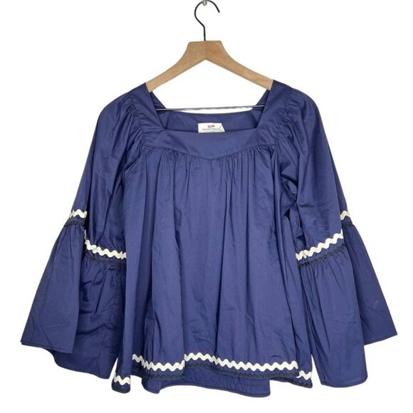Vineyard Vines Ric Rac Bell Sleeve Blouse Navy Blue Size S Crop Cotton-Blend - Picture 3 of 7